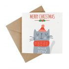 a plantable christmas card made from wildflower seeded paper, with cute festive cat on front