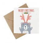 christmas greetings card made from plantable wildflower seeded paper, with cute festive xmas bear design
