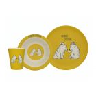 Yellow and white bamboo fibre dining set with little bear characters and text 'be brave little bear'