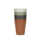 Set of four eco-friendly tumblers made from recycled plastic in different colours, including green, cream, grape and terracotta.