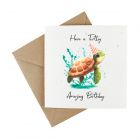 a cute turtle design happy birthday card made from plantable seeded paper