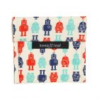 Closed square fabric food bag with blue and red robot print