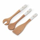 set of three kitchen cooking utensils made from beechwood with a white handle