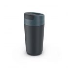 Large blue travel mug with flip-top cap and leakproof screw-top lid.