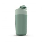 Large green flip-cap travel mug with leakproof screw-top lid.