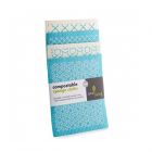 set of four blue and white compostable cleaning cloths with geometric pattern