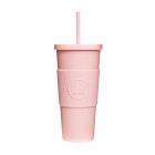 Matte pink coloured reusable travel tumbler with straw, featuring an anti-slip grip band.