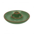 a round terracotta dish for serving olives, finished in green glaze with an integrated pip well and stick holder