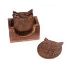 set of 6 owl shaped coasters in wooden case