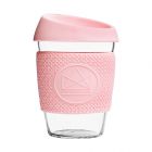 Durable lightweight borosilicate glass coffee cup with pink silicone anti-slip grip sleeve and splash proof lid.