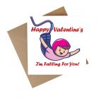 novelty valentines card made from recycled paper, with a cartoon bungee jumper design and text reading 'I'm falling for you'