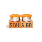 Boxed set of 2 stainless steel pots with orange silicone lids, designed for storing salad dressings or small snacks.