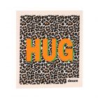a reusable dishcloth made from compostable plant cellulose, with an animal print pattern and orange text reading 'Hug'