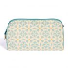 Blue geometric patterned bag, similar to snowflakes. Ideal for toiletries or makeup