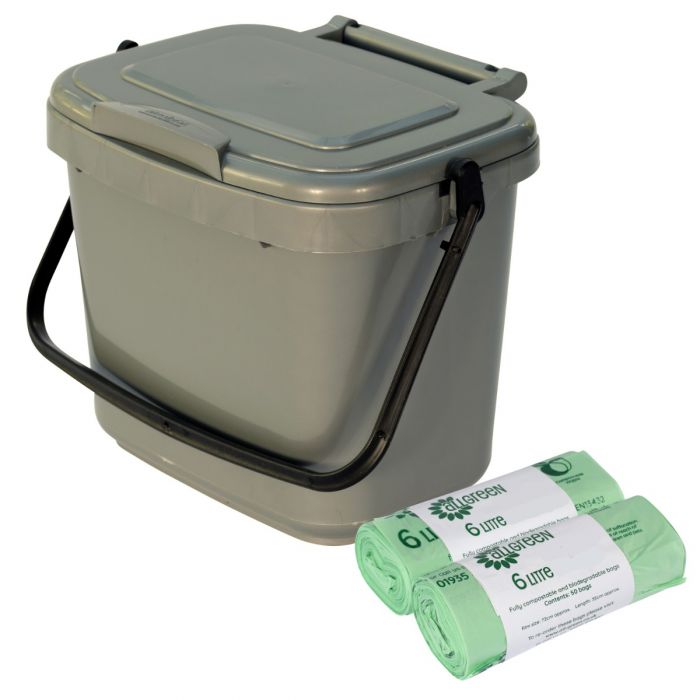 Green Kitchen Compost Caddy Food Recycling 5 Litre & 50 x 5L Compostable Bags 