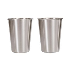 Set of two plastic-free stainless steel cups with 350ml capacity.