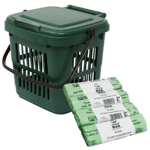Vented Green 7 Litre Kitchen Food Waste Caddy/Bin & 100x8L Compostable Bags