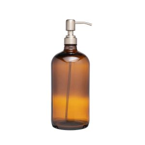 amber glass pump-action bottle for refilling with cleaning and personal care supplies
