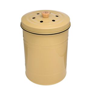 an olive green metal food waste caddy bin with a plastic inner bucket and filtered lid