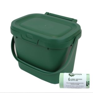 Compost Caddy Food Waste Kitchen Storage Bin - Dark Green & 1 roll of All-Green 6L Bags