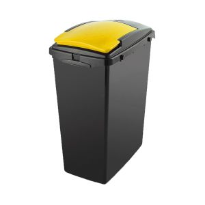 a large 40L black plastic recycling bin with a yellow flip top lid