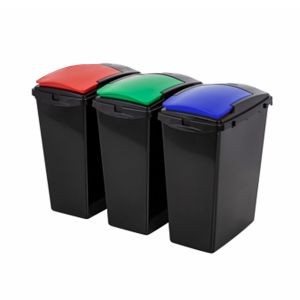 Set of 3 black recycling bins with red, green and blue lids