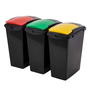 a set of three large recycling bins, with a red, green and yellow lid