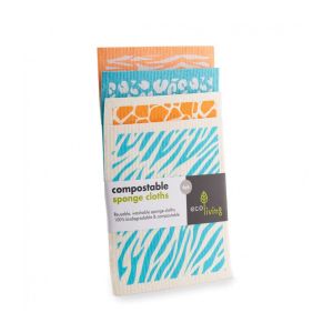pack of four compostable cleaning cloths with blue, white and orange animal print design