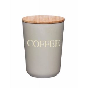 Grey coffee canister in a grey colour, with cream text and a bamboo wood lid