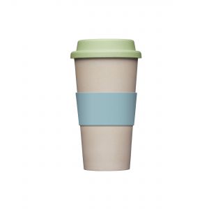 Reusable travel mug for hot drinks, in beige, blue and green