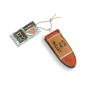 Eco-friendly dog chew toy with pun "Bite the bullet"