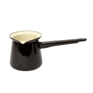 Black enamel stove top pot used for heating up coffee