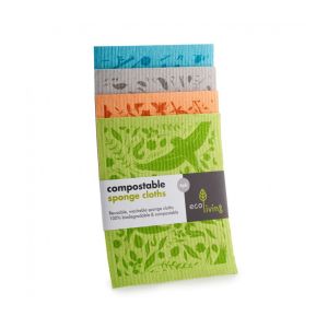 pack of four compostable, plastic free cleaning cloths in bright colours with nature inspired design