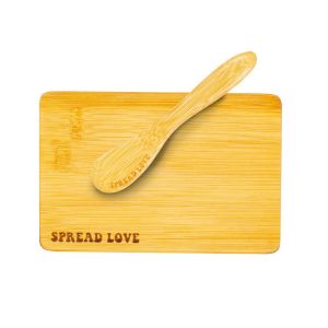 Bamboo butter board and knife, engraved with the words 'spread love'