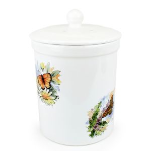 white ceramic food waste caddy with butterfly print