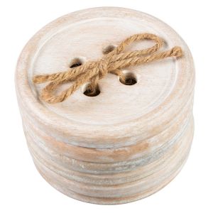Set of wooden button shaped coasters tied with twine