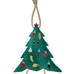 Christmas tree-shaped suede dog toy with jute fibre filling and jute rope attachments.