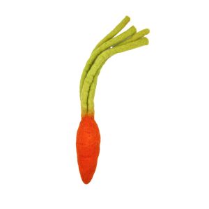 a green and orange carrot shaped cat toy, made from sheep wool