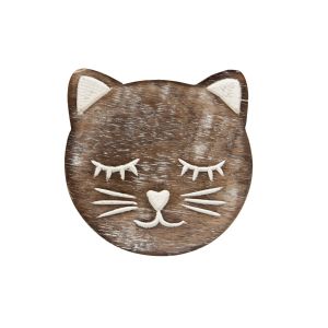 Cat-face shaped coaster with white engraved features