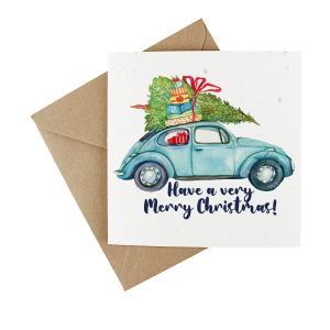 seeded plantable christmas card with a blue car and christmas tree image
