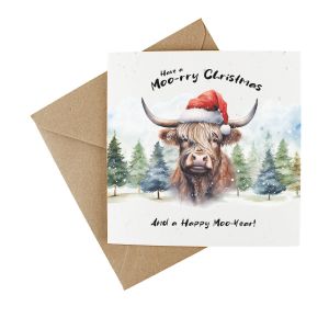 a wildflower plantable christmas card with a novelty highland cow design