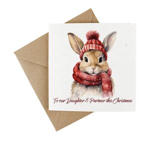 Daughter and partner christmas card featuring a bunny in winter hat and scarf, made from plantable wildflower seeded card.