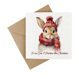 Plantable son and partner christmas card made from wildflower-seeded card with winter bunny design.