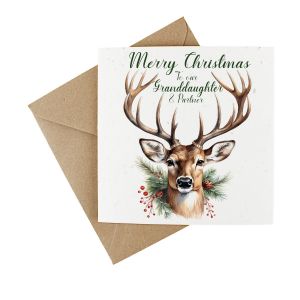 Wildflower seeded Christmas card with a stag and winter foliage for granddaughter and partner.