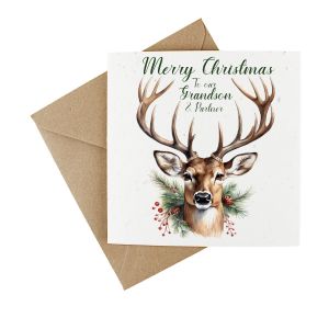 Wildflower seeded Christmas card with a stag and winter foliage for our grandson and partner.