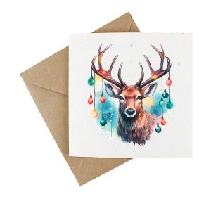 a wildflower seeded Christmas card with a festive stag image, decorated with christmas lights