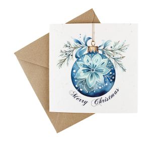 a square wildflower seeded Christmas card with a blue bauble design