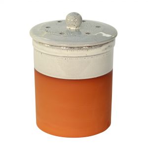 Compost pot with pottery lid and a speckled off-white dip print