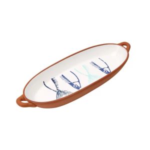 Oval shaped terracotta baking dish featuring a fish print in blue and white colours.