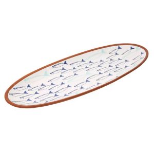 Oval shaped terracotta serving platter featuring a hand painted blue and white fish design.
